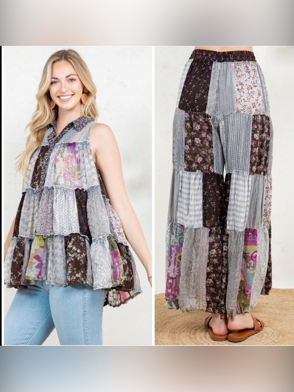 Young Threads Patchwork Set - XL wide leg pants and L Sleeveless Top Boho